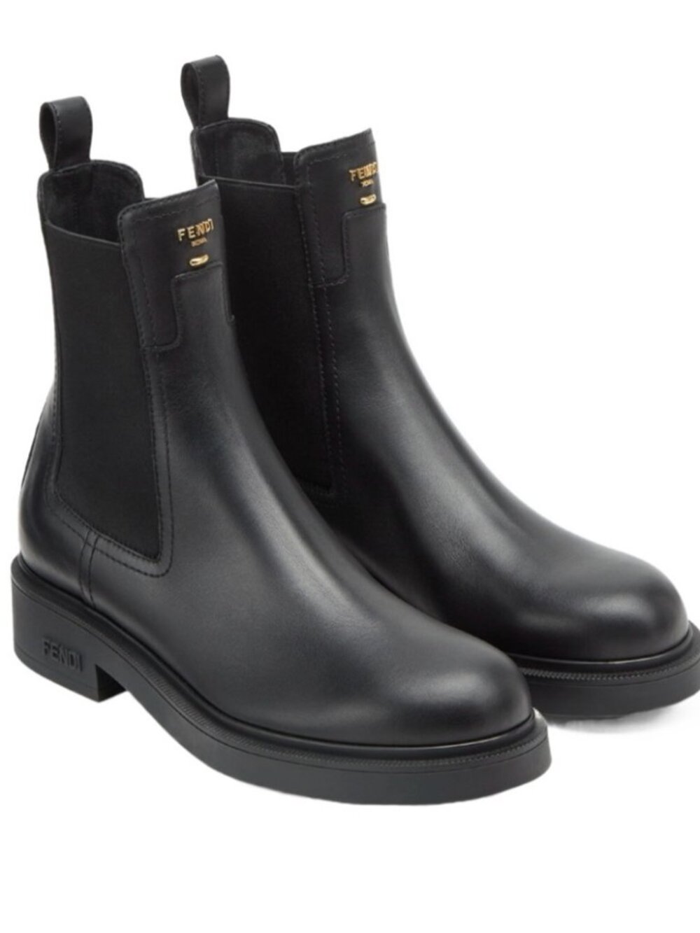 FENDI Filo Signature Leather Chelsea Flat Ankle Boots Bootie Combat Black
